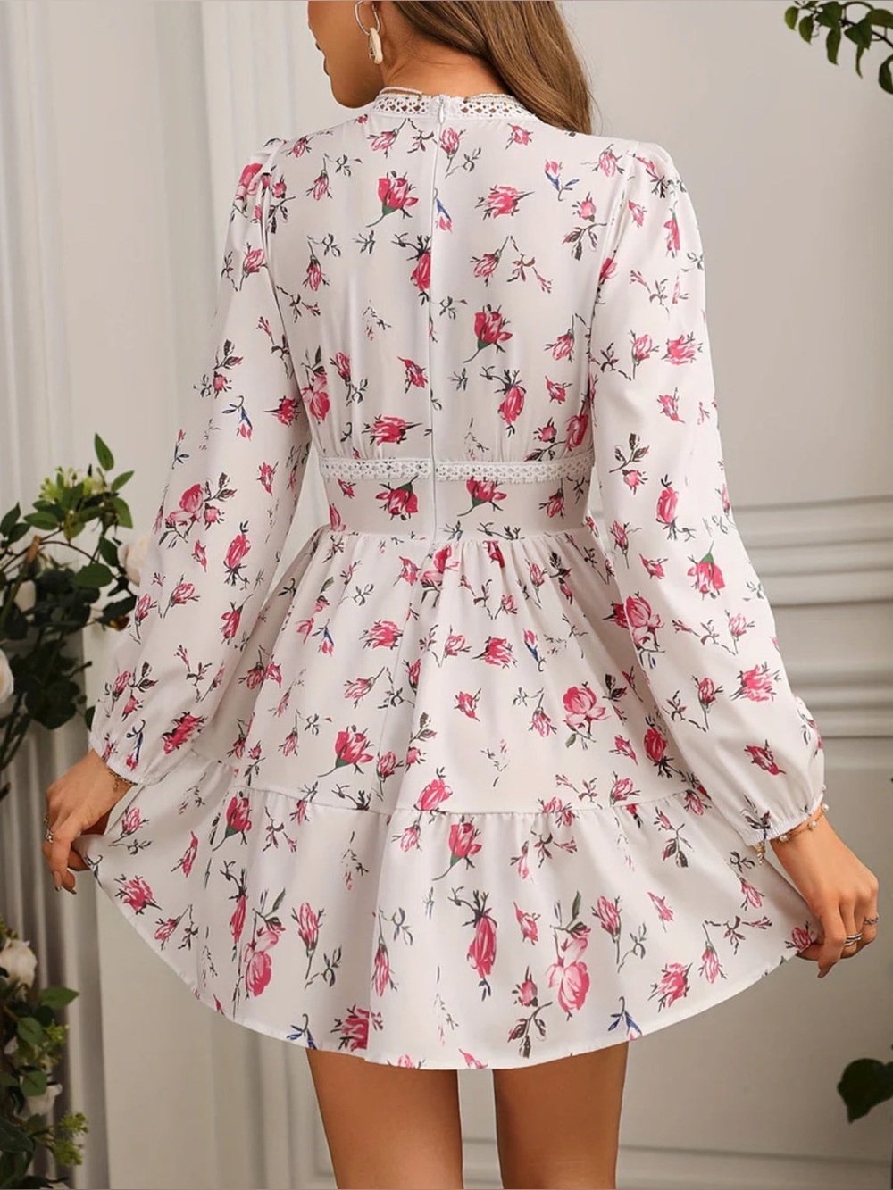 Commense Long Puff Sleeve V Neck Floral Print Short Mini Dress - Picture 3 of 13